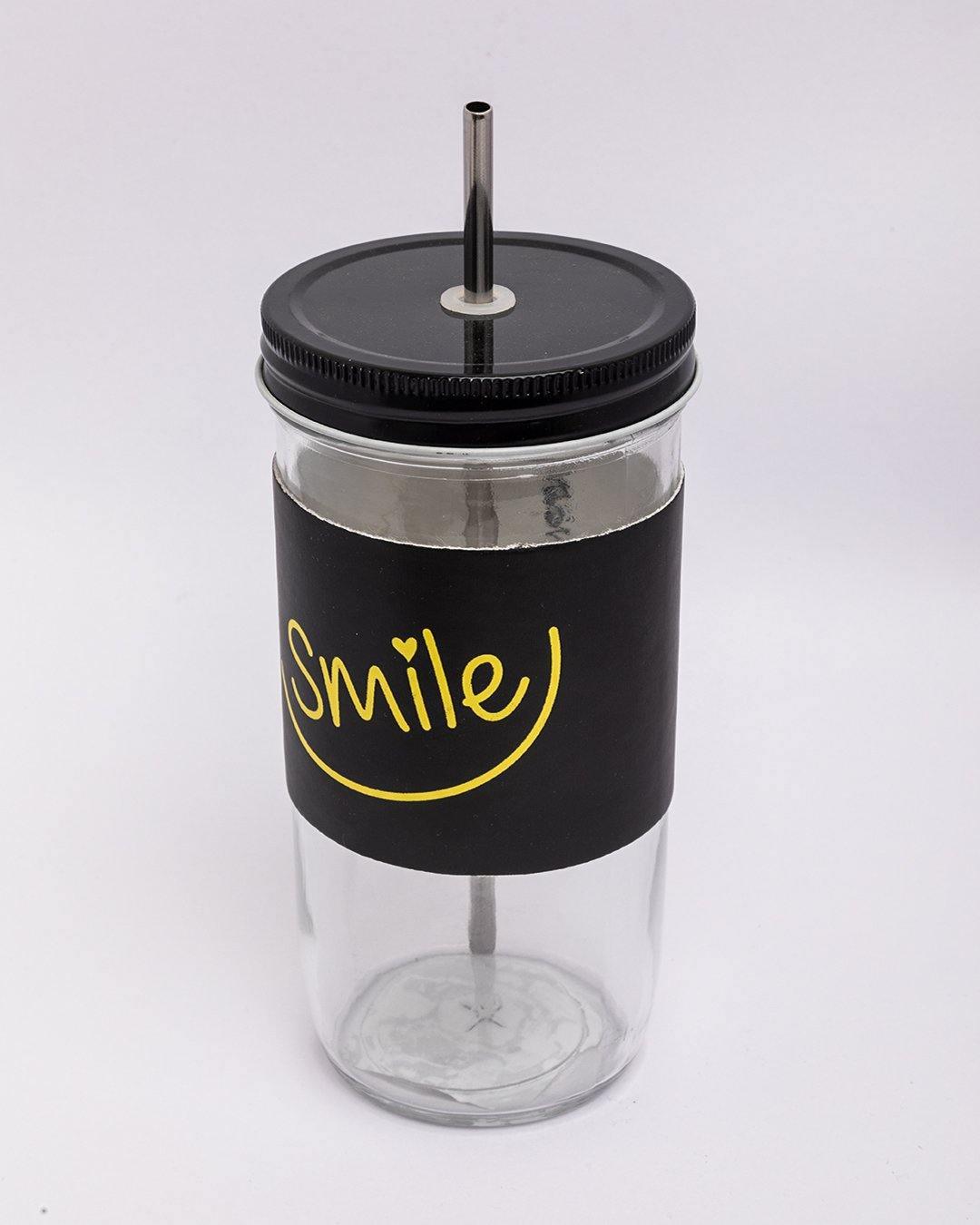 Mason Jar, with Straw & Lid, Black, Glass, 600 mL - MARKET 99