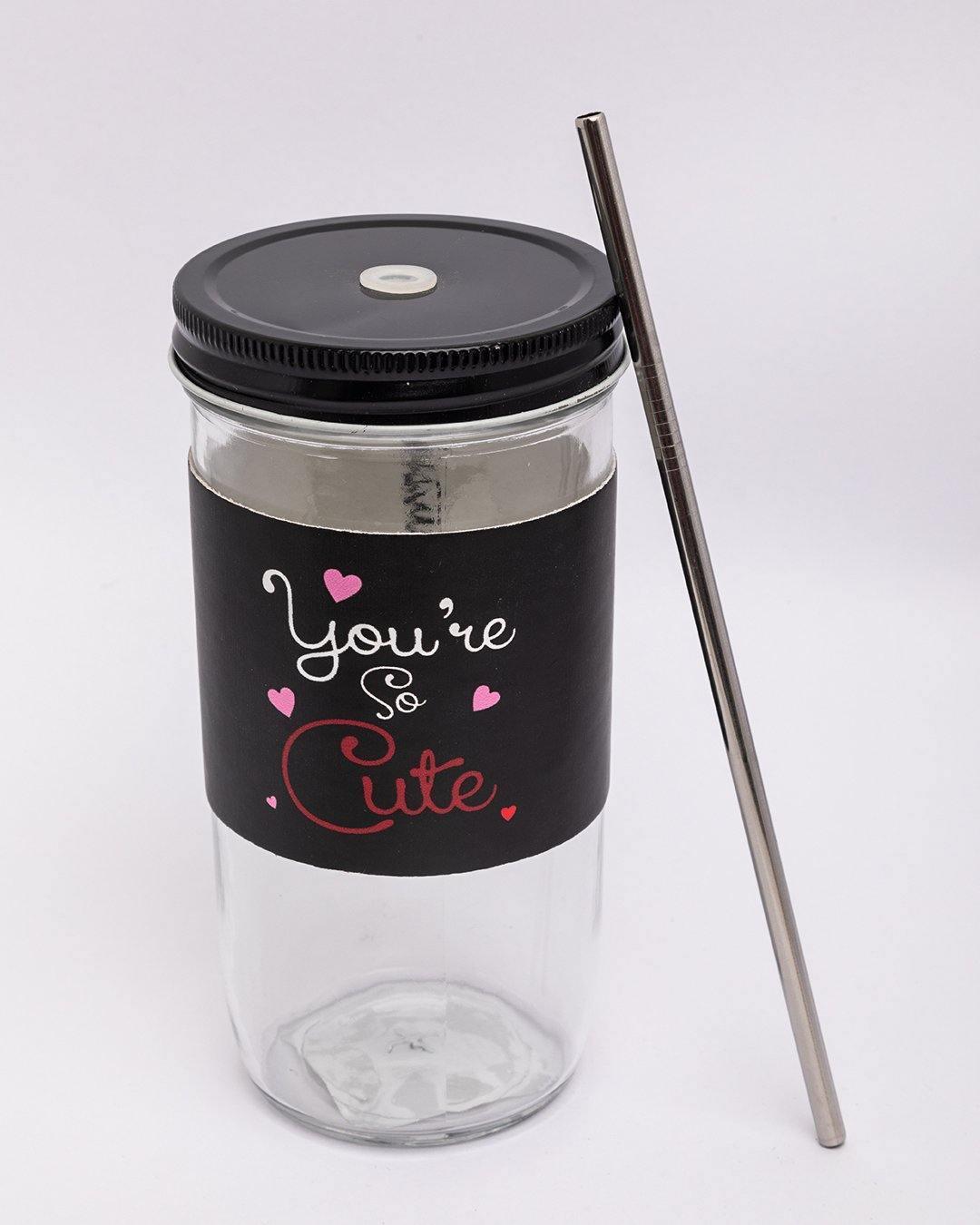 Mason Jar, with Straw & Lid, Black, Glass, 600 mL - MARKET 99