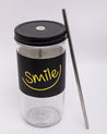 Mason Jar, with Straw & Lid, Black, Glass, 600 mL - MARKET 99