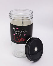 Mason Jar, with Straw & Lid, Black, Glass, 600 mL - MARKET 99