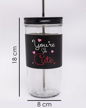 Mason Jar, with Straw & Lid, Black, Glass, 600 mL - MARKET 99