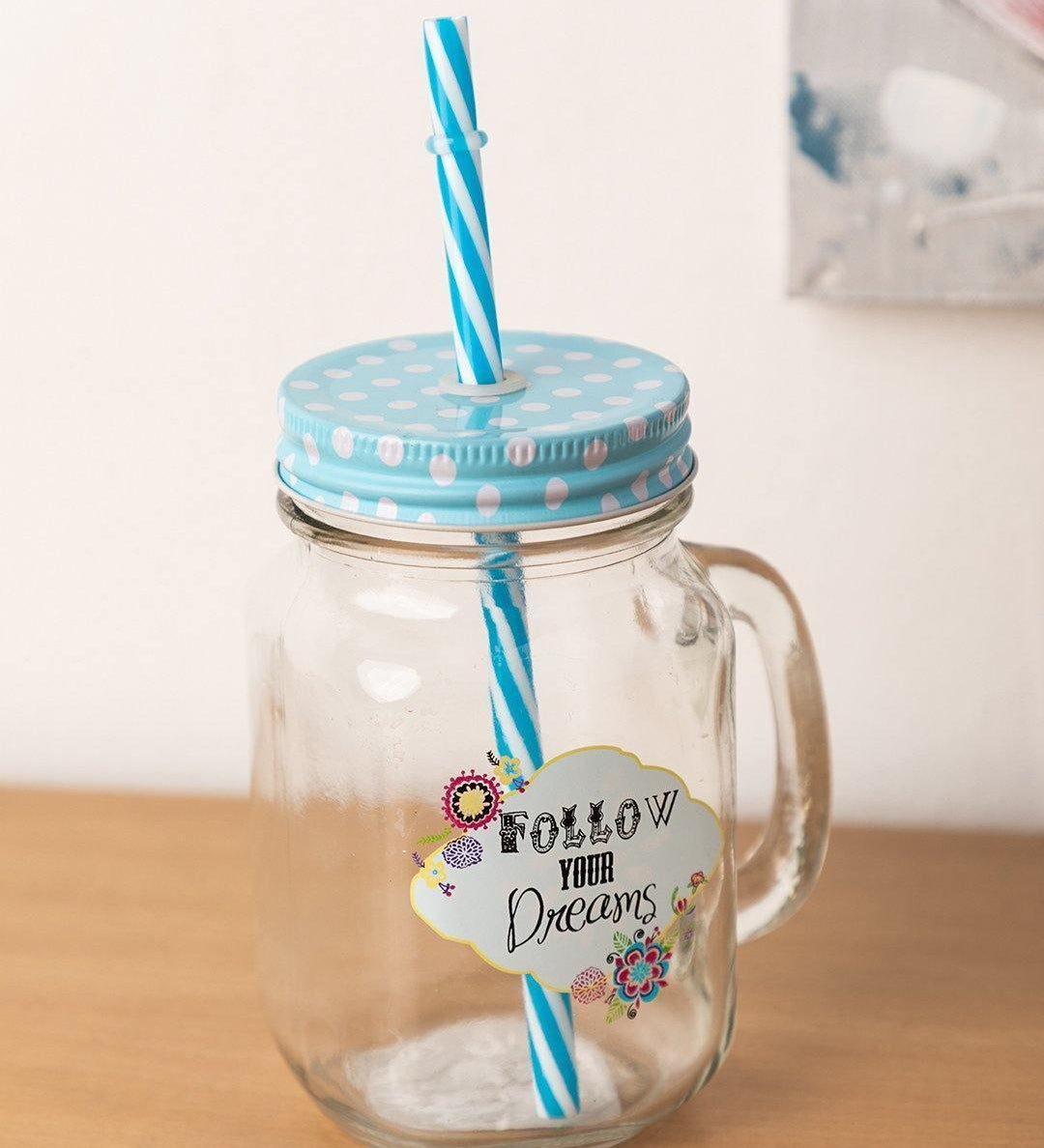 Mason Jar, with Straw & Lid, Blue, Glass, 450 mL - MARKET 99