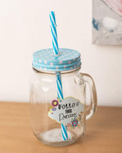 Mason Jar, with Straw & Lid, Blue, Glass, 450 mL - MARKET 99