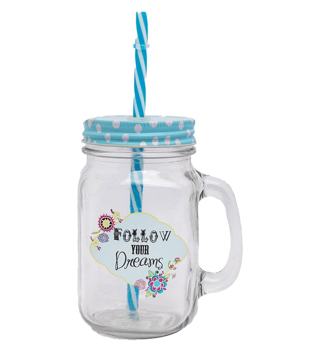 Mason Jar, with Straw & Lid, Blue, Glass, 450 mL - MARKET 99