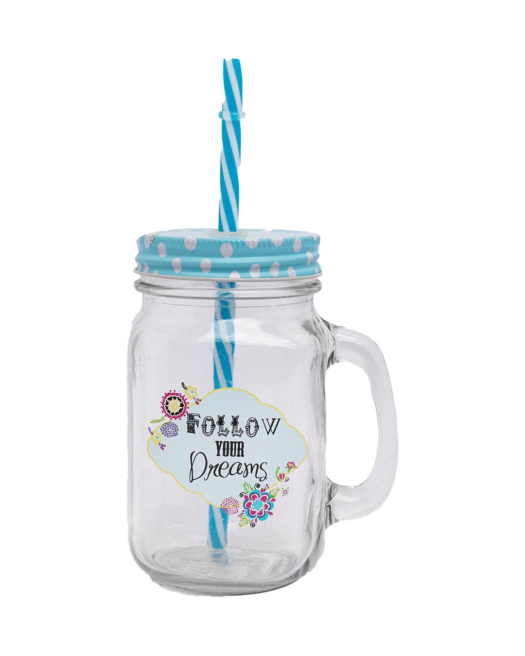 Mason Jar, with Straw & Lid, Blue, Glass, 450 mL - MARKET 99