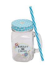 Mason Jar, with Straw & Lid, Blue, Glass, 450 mL - MARKET 99