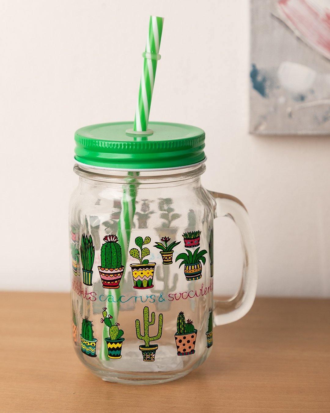 Mason Jar, with Straw & Lid, Green, Glass, 450 mL - MARKET 99