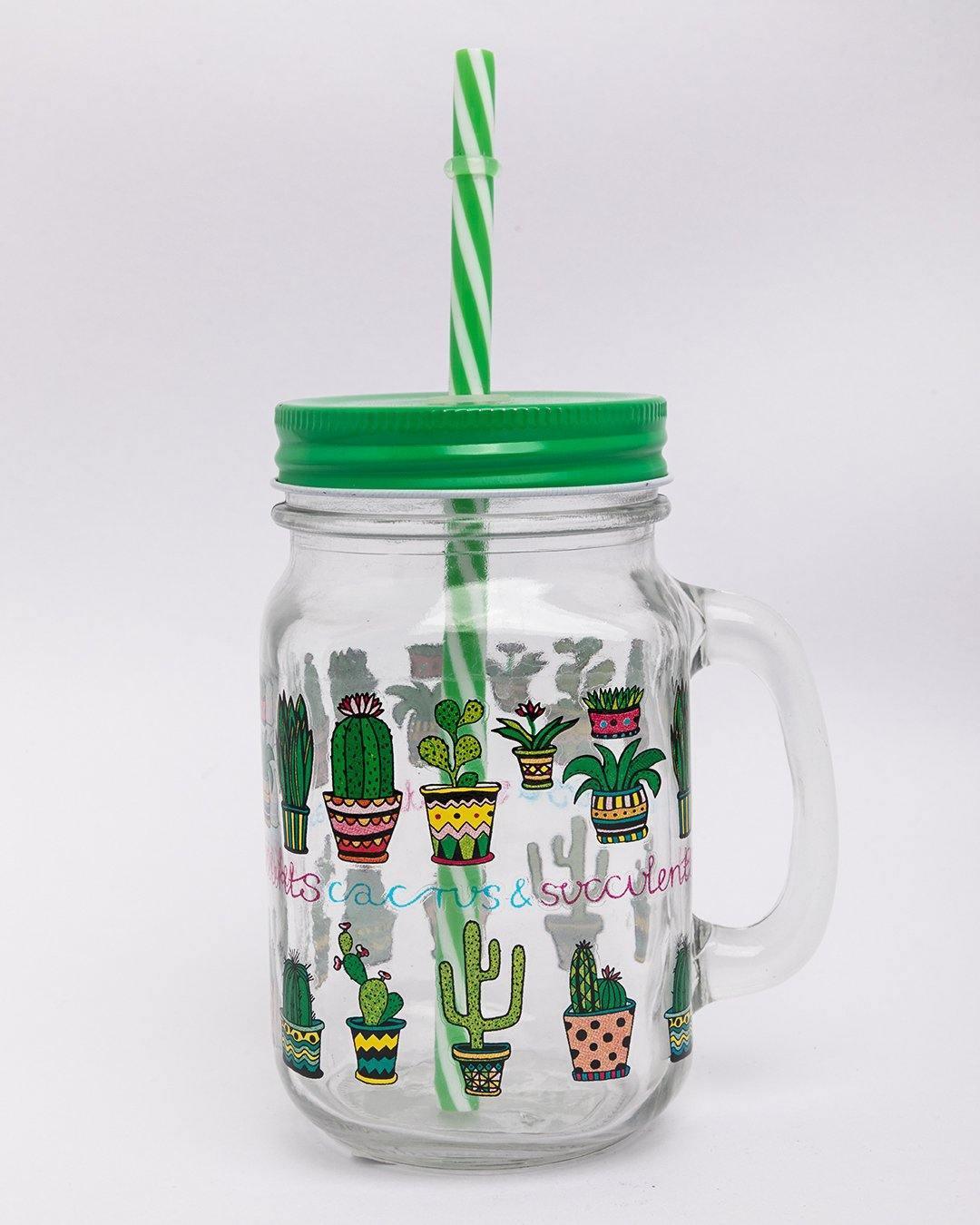 Mason Jar, with Straw & Lid, Green, Glass, 450 mL - MARKET 99