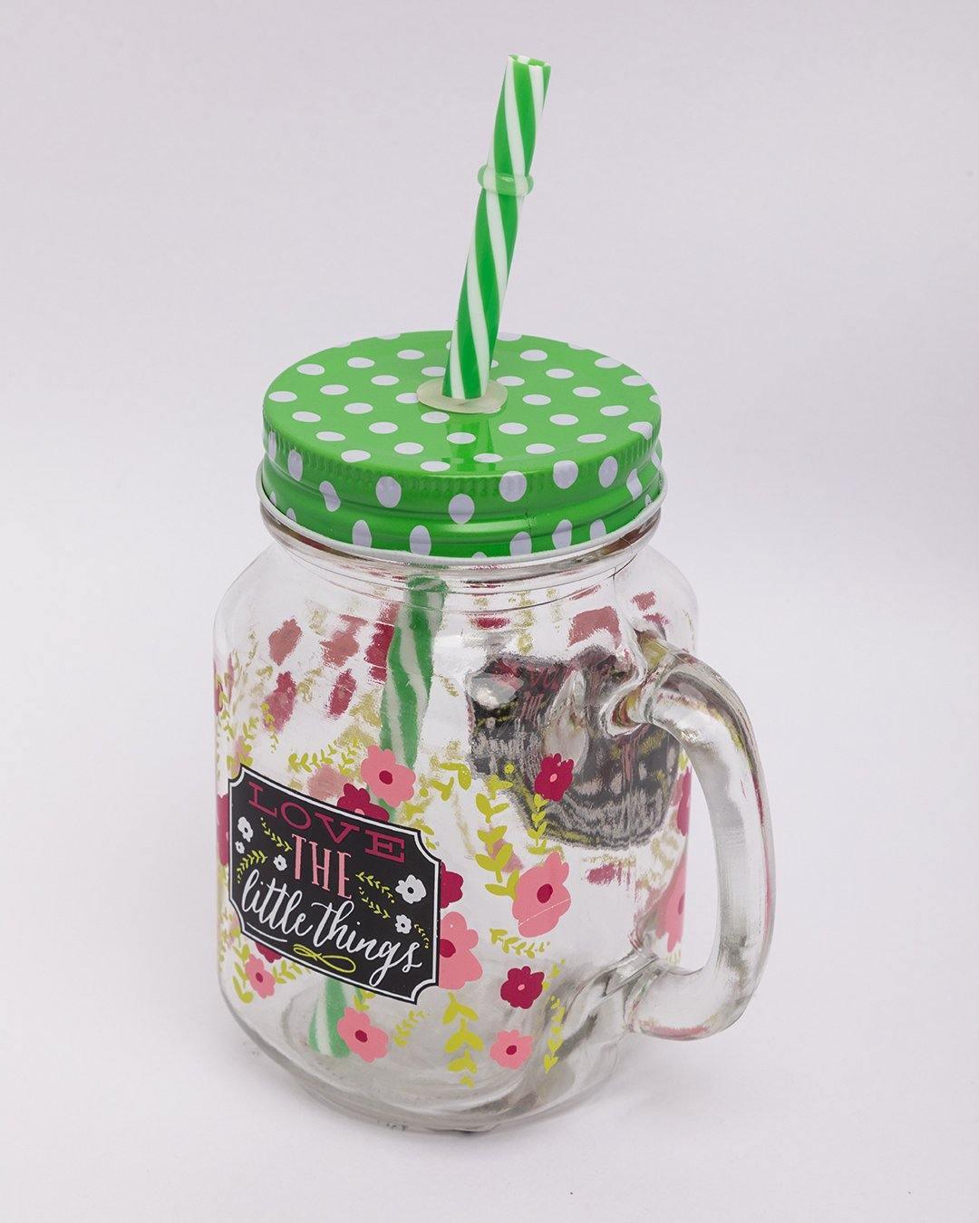 Mason Jar, with Straw & Lid, Green, Glass, 450 mL - MARKET 99