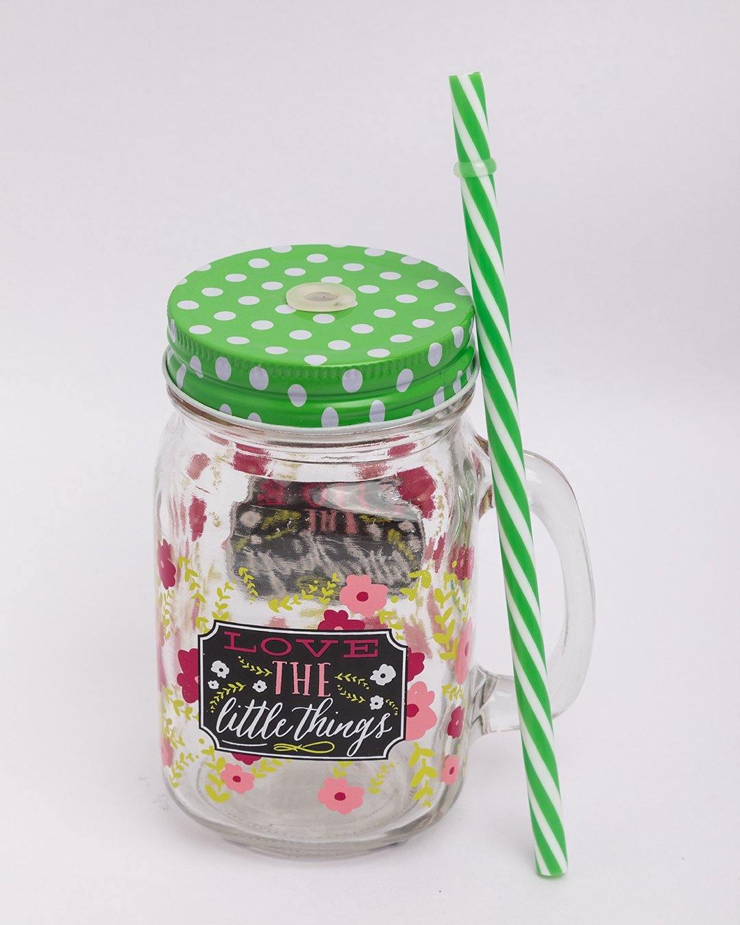 Mason Jar, with Straw & Lid, Green, Glass, 450 mL - MARKET 99