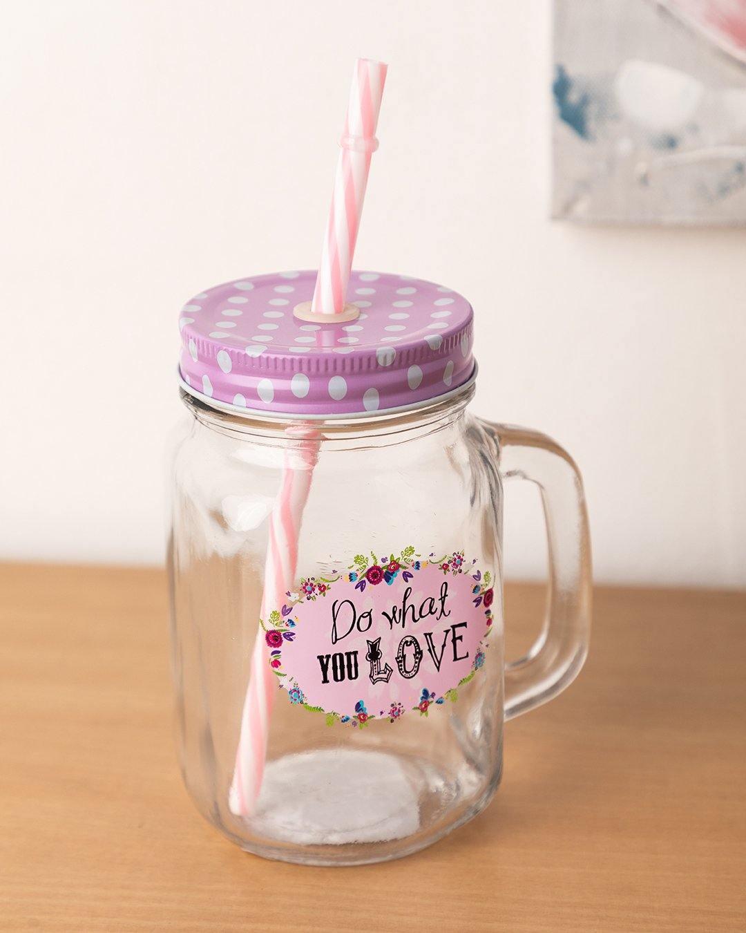 Mason Jar, with Straw & Lid, Pink, Glass, 450 mL - MARKET 99