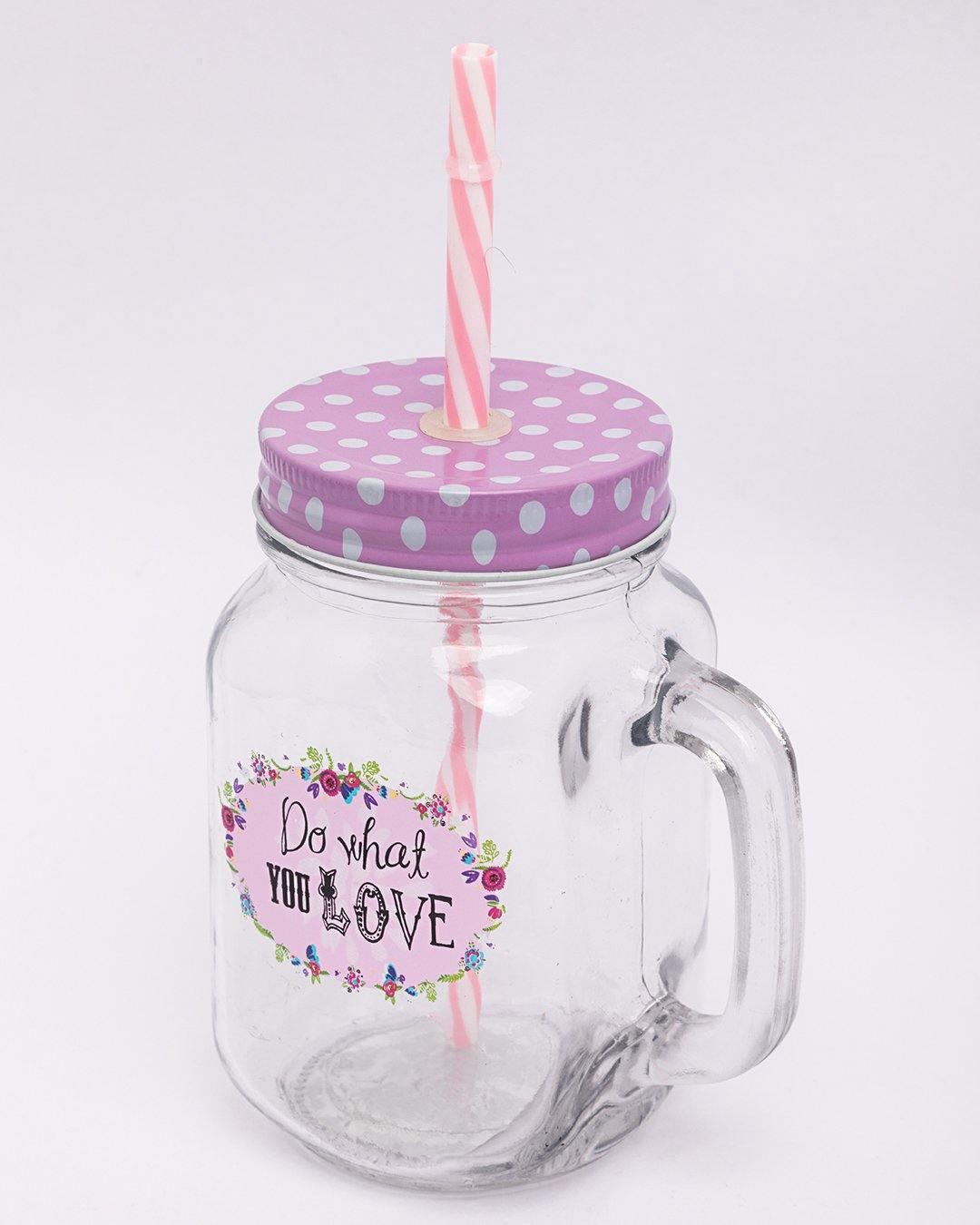 Mason Jar, with Straw & Lid, Pink, Glass, 450 mL - MARKET 99