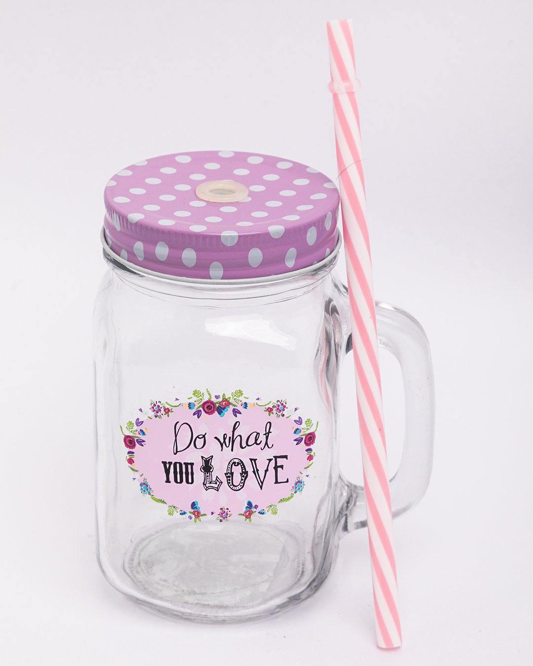 Mason Jar, with Straw & Lid, Pink, Glass, 450 mL - MARKET 99