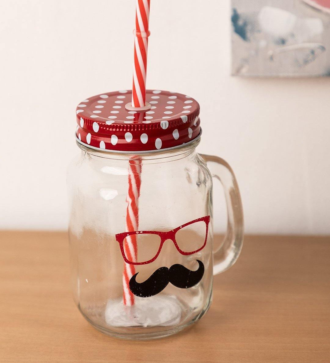 Mason Jar, with Straw & Lid, Red, Glass, 450 mL - MARKET 99