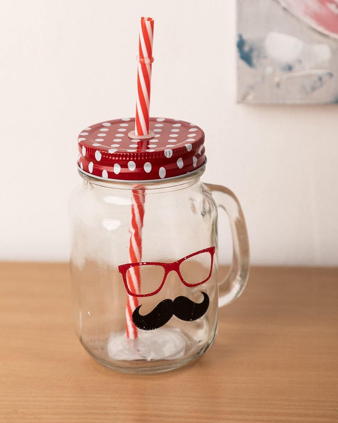 Mason Jar, with Straw & Lid, Red, Glass, 450 mL - MARKET 99