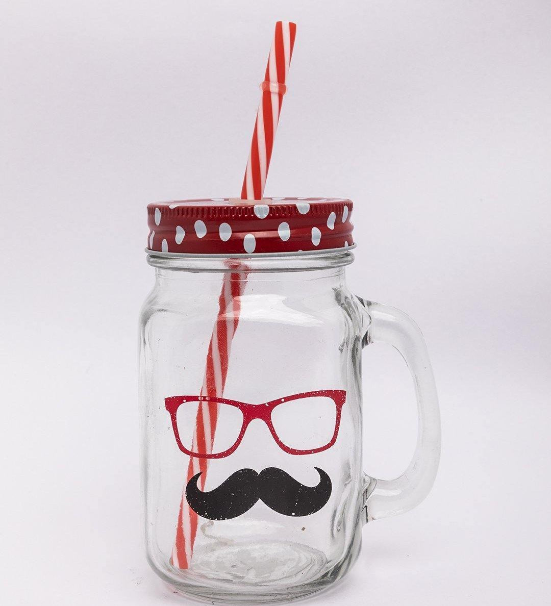 Mason Jar, with Straw & Lid, Red, Glass, 450 mL - MARKET 99