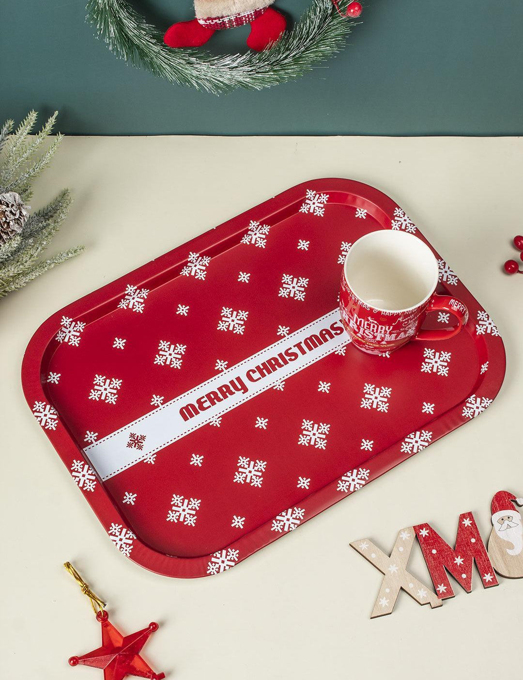 Merry Christmas & Snowflake Print - Serving Christmas Metal Tray - MARKET 99