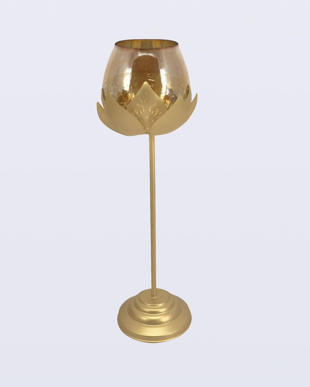 Metal Lotus Leaf Luxurious Design Tall Stem with Crackle Golden Glass Votive - MARKET 99