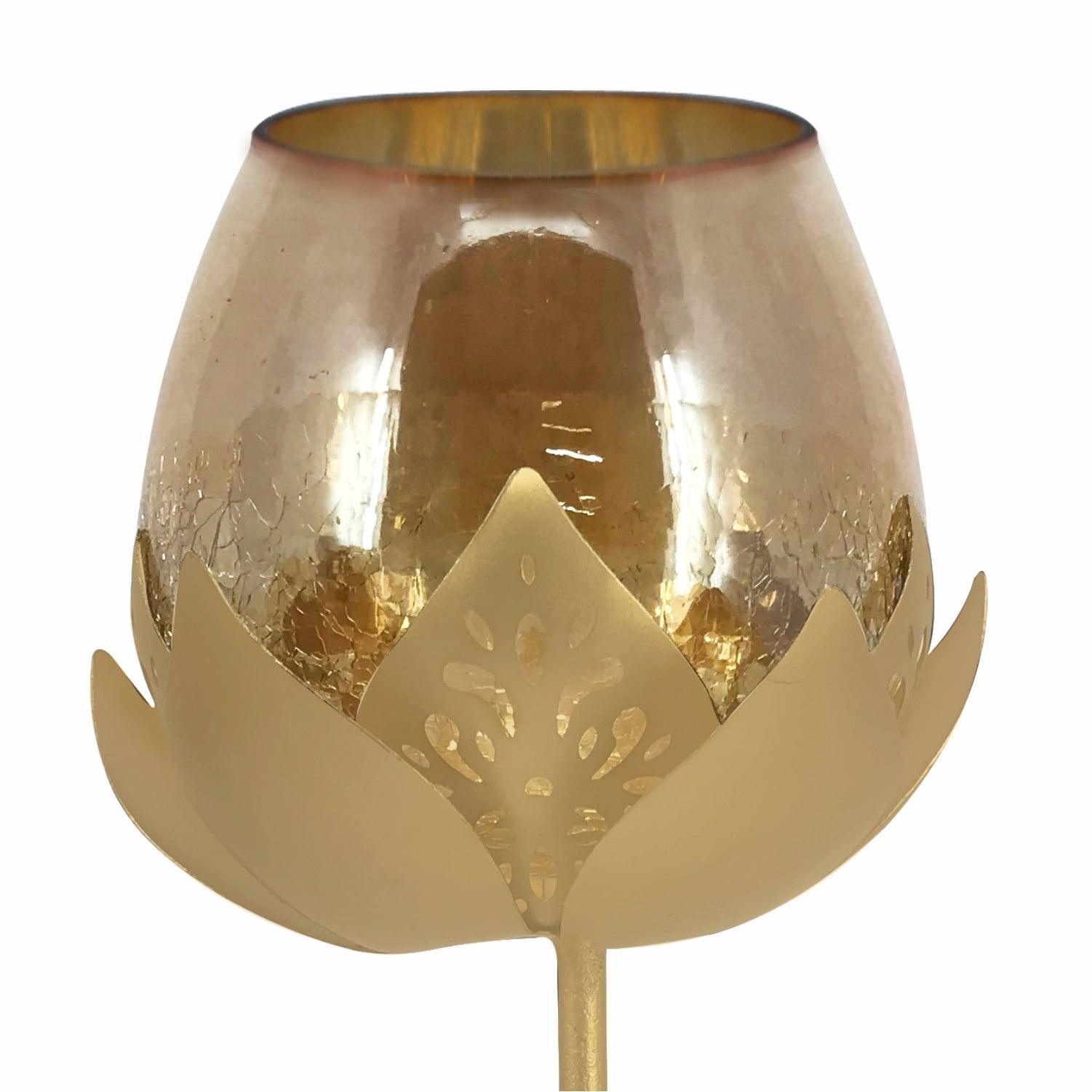 Metal Lotus Leaf Luxurious Design Tall Stem with Crackle Golden Glass Votive - MARKET 99