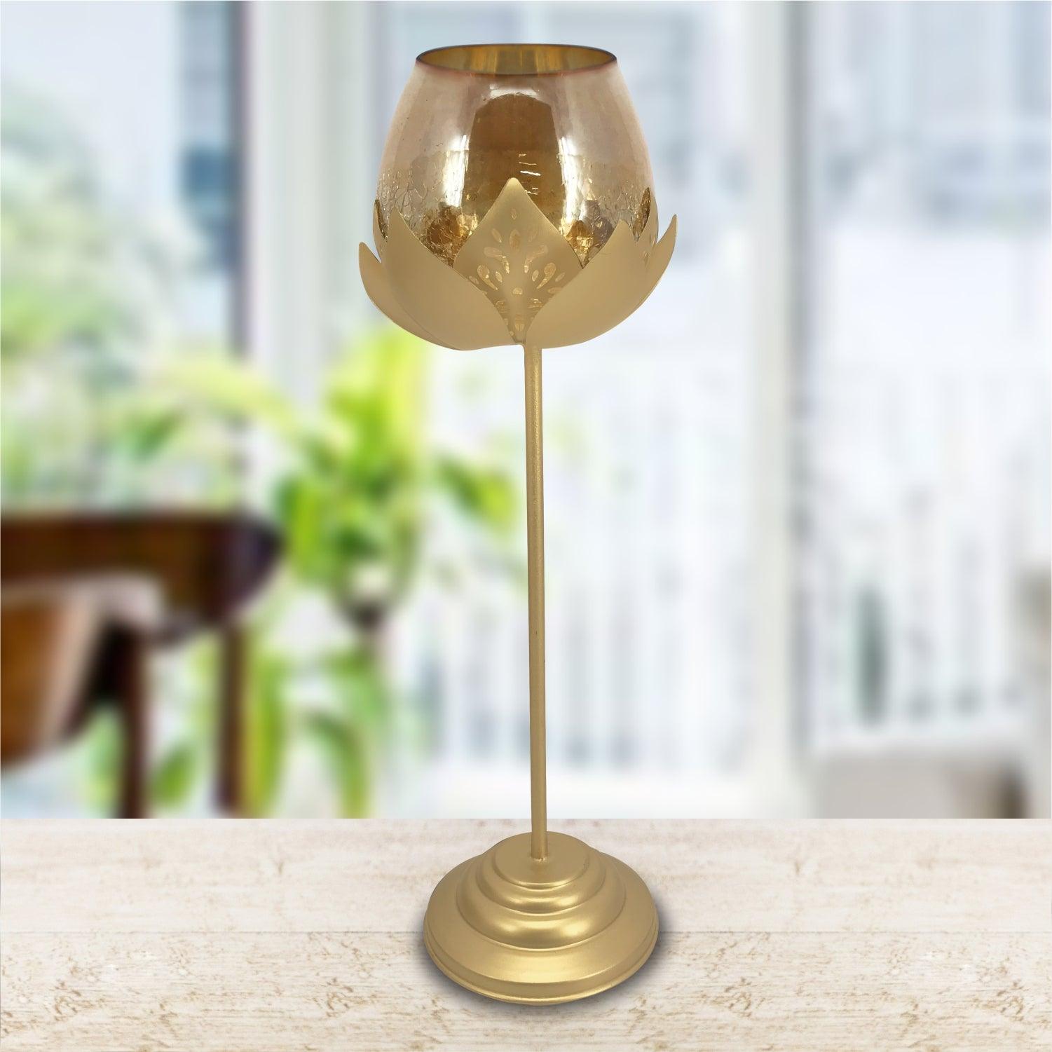Metal Lotus Leaf Luxurious Design Tall Stem with Crackle Golden Glass Votive - MARKET 99