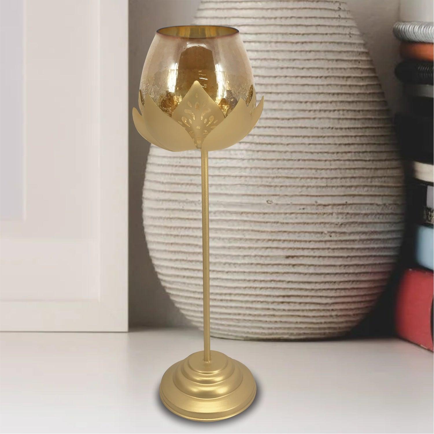 Metal Lotus Leaf Luxurious Design Tall Stem with Crackle Golden Glass Votive - MARKET 99