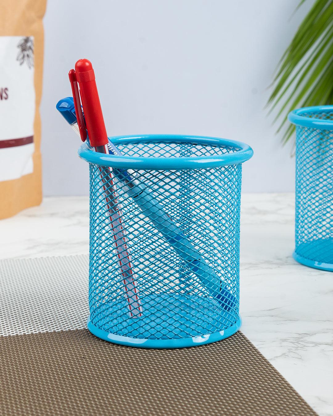 Metal Pen Holder, Mesh Design, Blue, Mild Steel, Set of 2 - MARKET 99