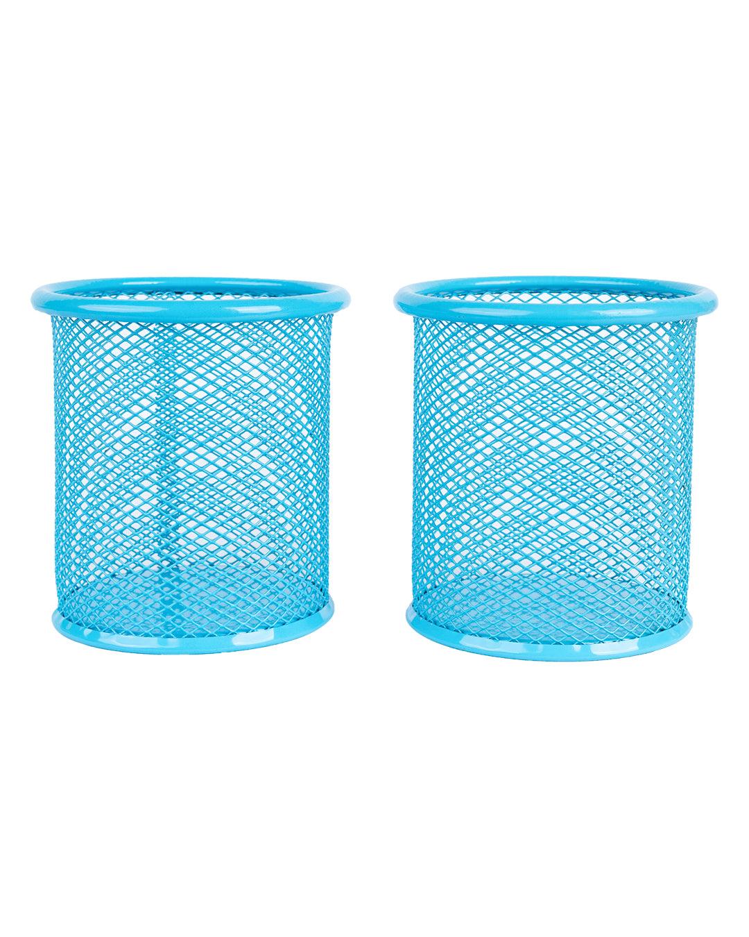 Metal Pen Holder, Mesh Design, Blue, Mild Steel, Set of 2 - MARKET 99