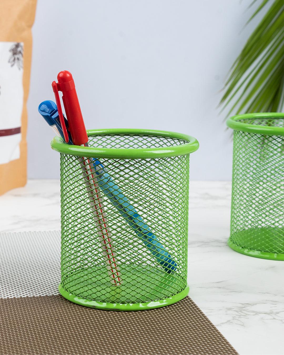 Metal Pen Holder, Mesh Design, Green, Mild Steel, Set of 2 - MARKET 99