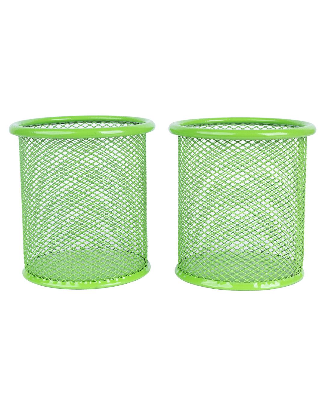 Metal Pen Holder, Mesh Design, Green, Mild Steel, Set of 2 - MARKET 99