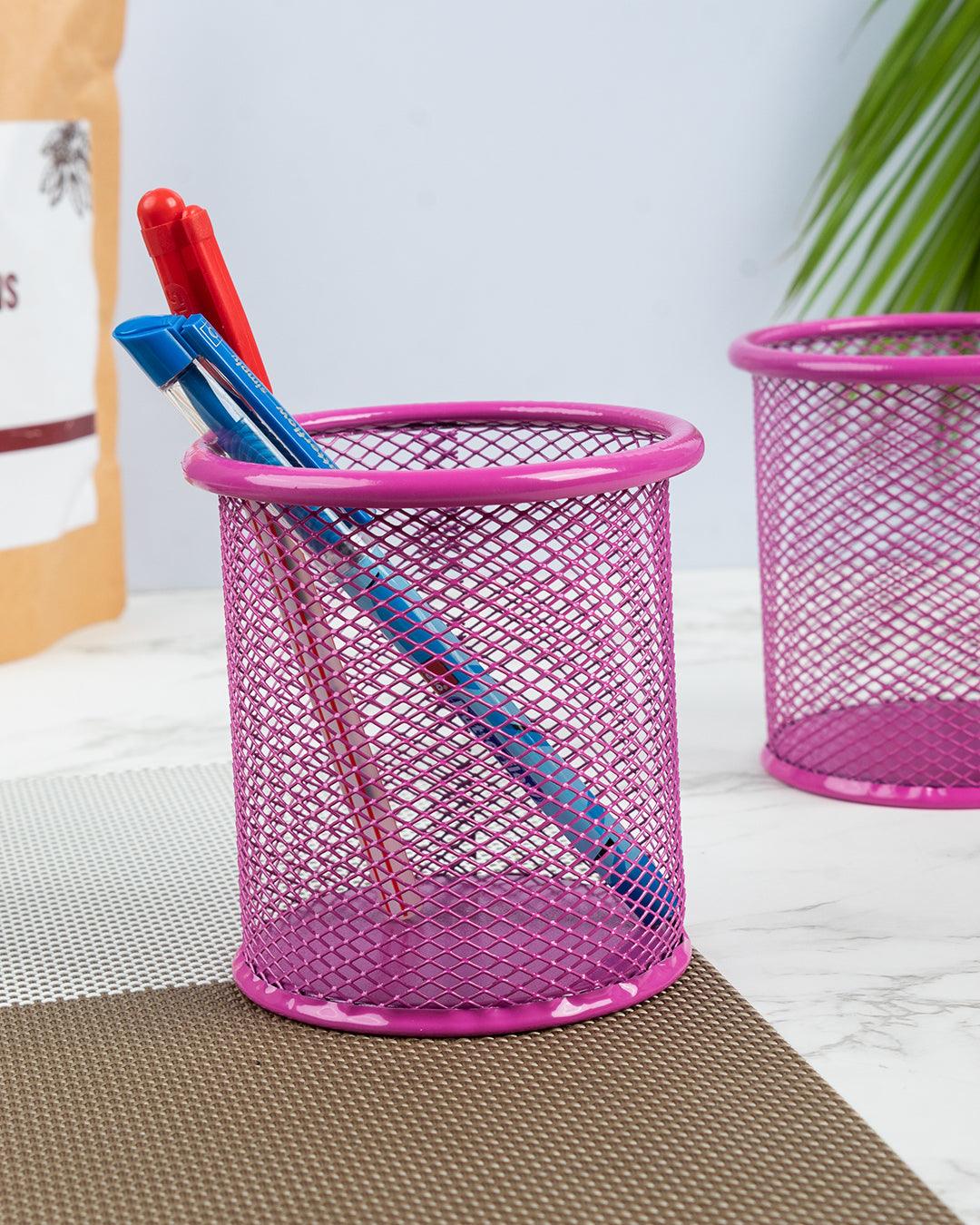 Metal Pen Holder, Mesh Design, Pink, Mild Steel, Set of 2 - MARKET 99