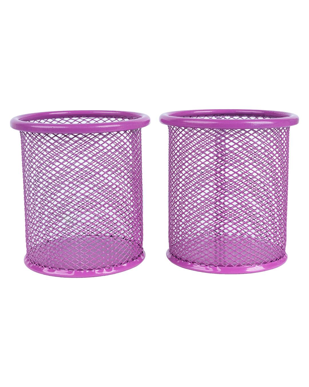 Metal Pen Holder, Mesh Design, Purple, Mild Steel, Set of 2 - MARKET 99