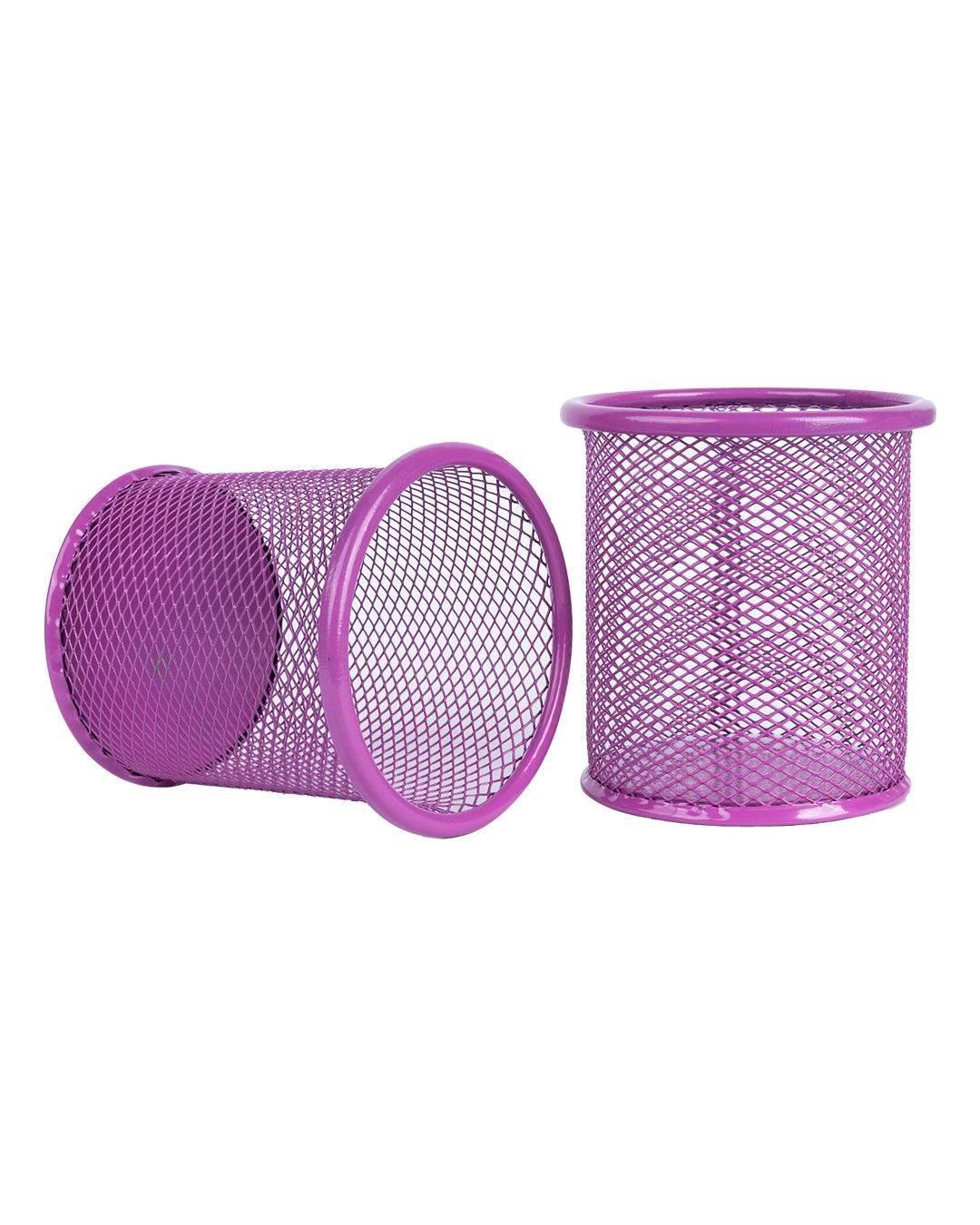 Metal Pen Holder, Mesh Design, Purple, Mild Steel, Set of 2 - MARKET 99