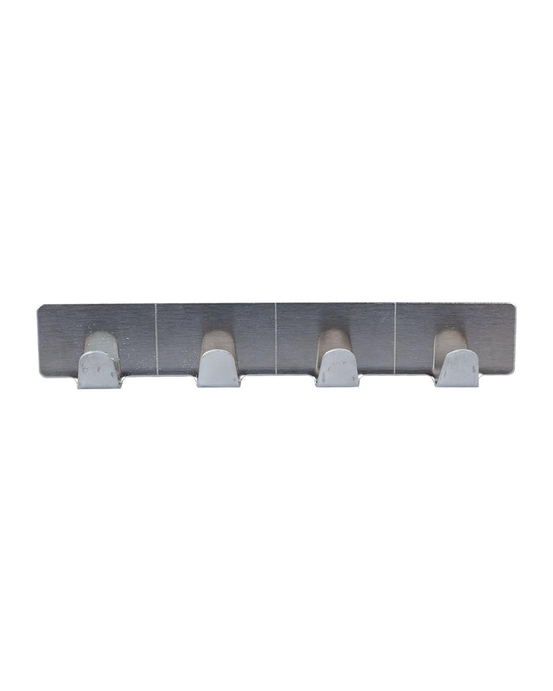 Metal Sticky Hook Bar with 4 Knobs Self Adhesive Back, Silver, Stainless Steel - MARKET 99
