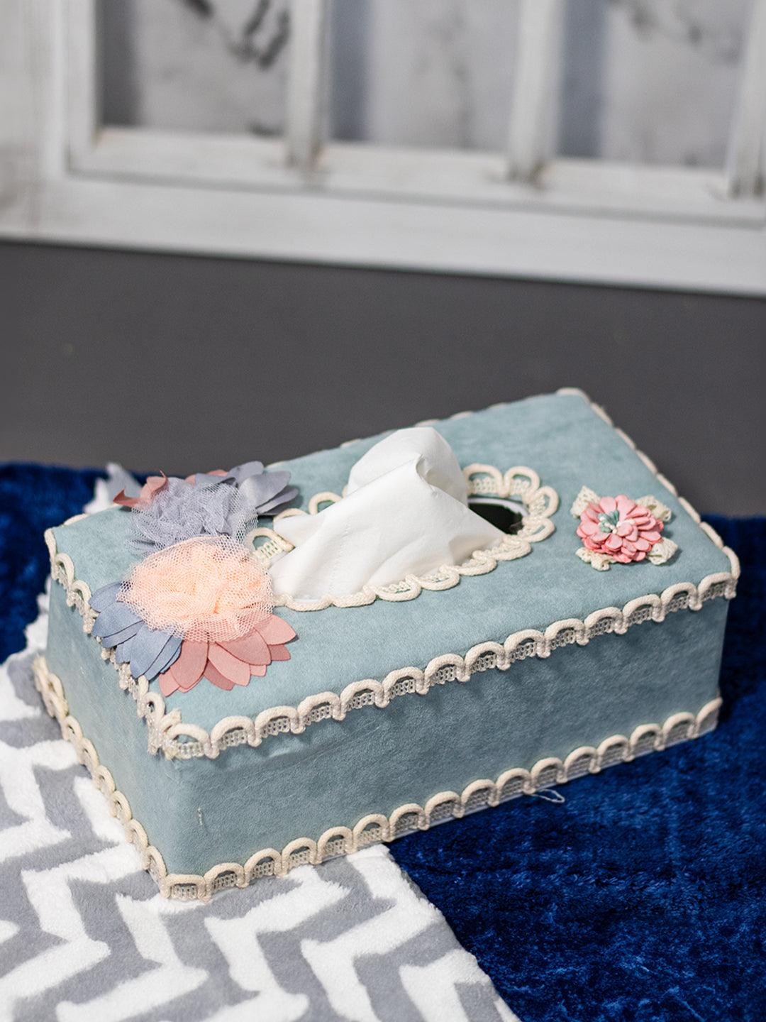 Middle Blue Tissue Box Holder - Floral Design - MARKET 99