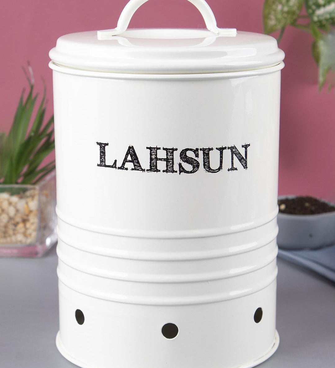 Mild Steel White Cylindrical Lahsun Jar - MARKET 99