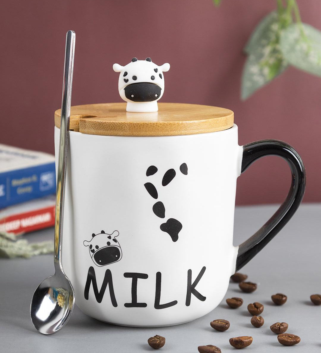 "MILK" Coffee Mug With Lid -  450mL, Long Stirring Spoon