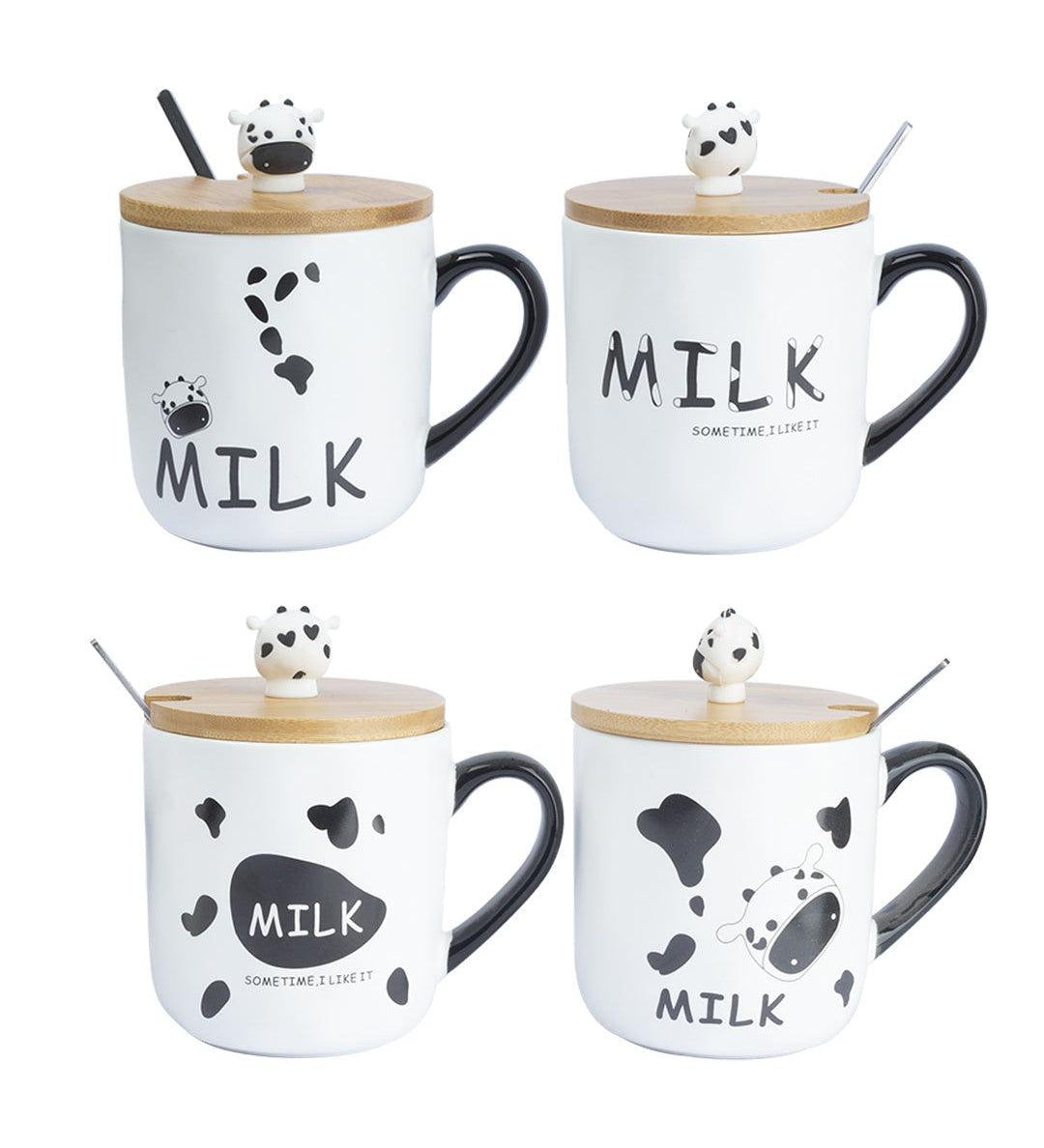 "MILK" Coffee Mug With Lid -  450mL, Long Stirring Spoon