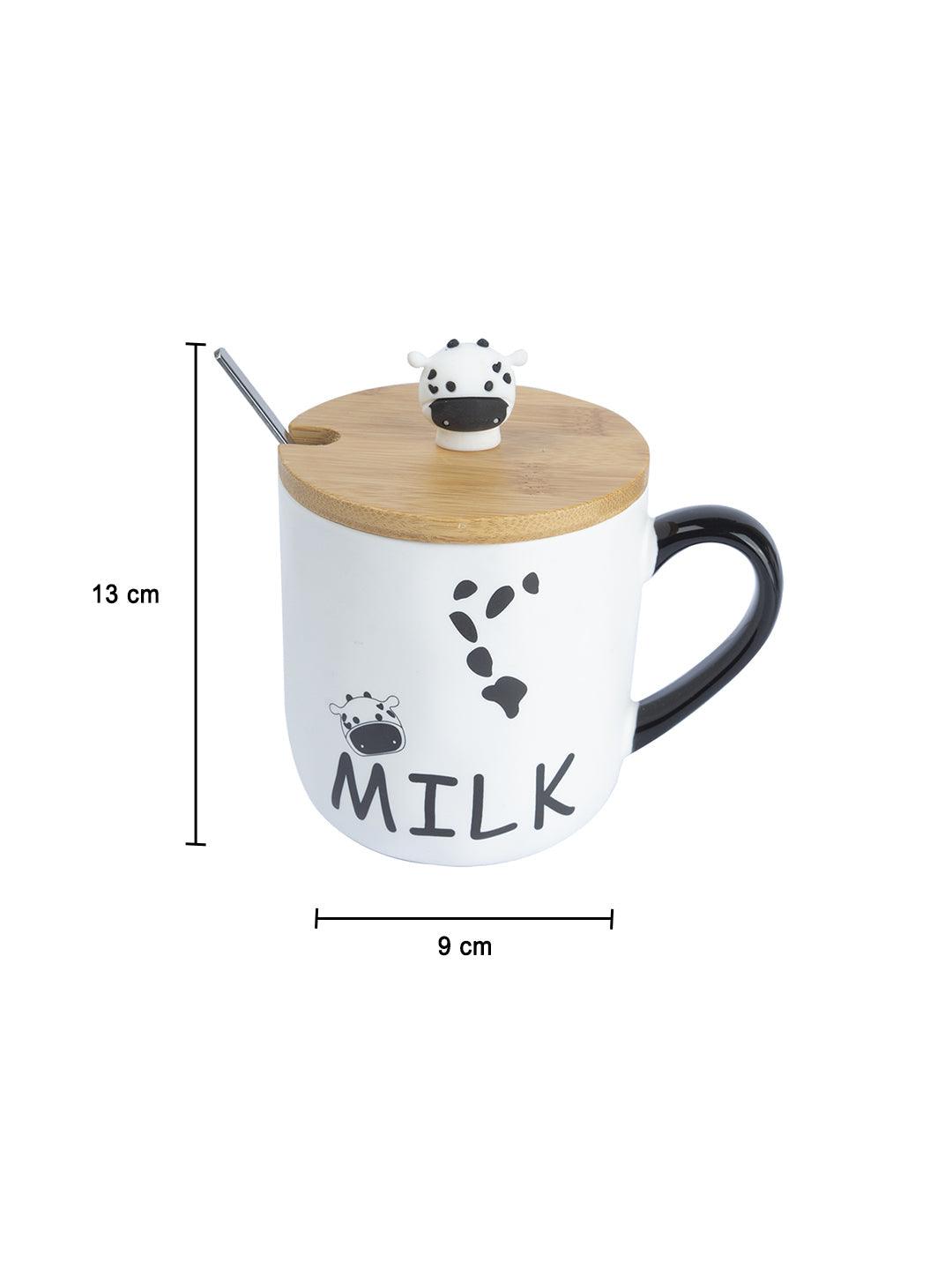 "MILK" Coffee Mug With Lid -  450mL, Long Stirring Spoon