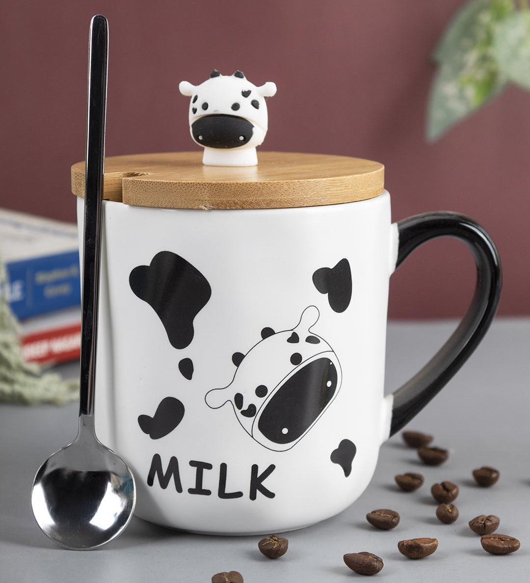 "MILK" Coffee Mug With Lid -  450mL, Mixing Spoon