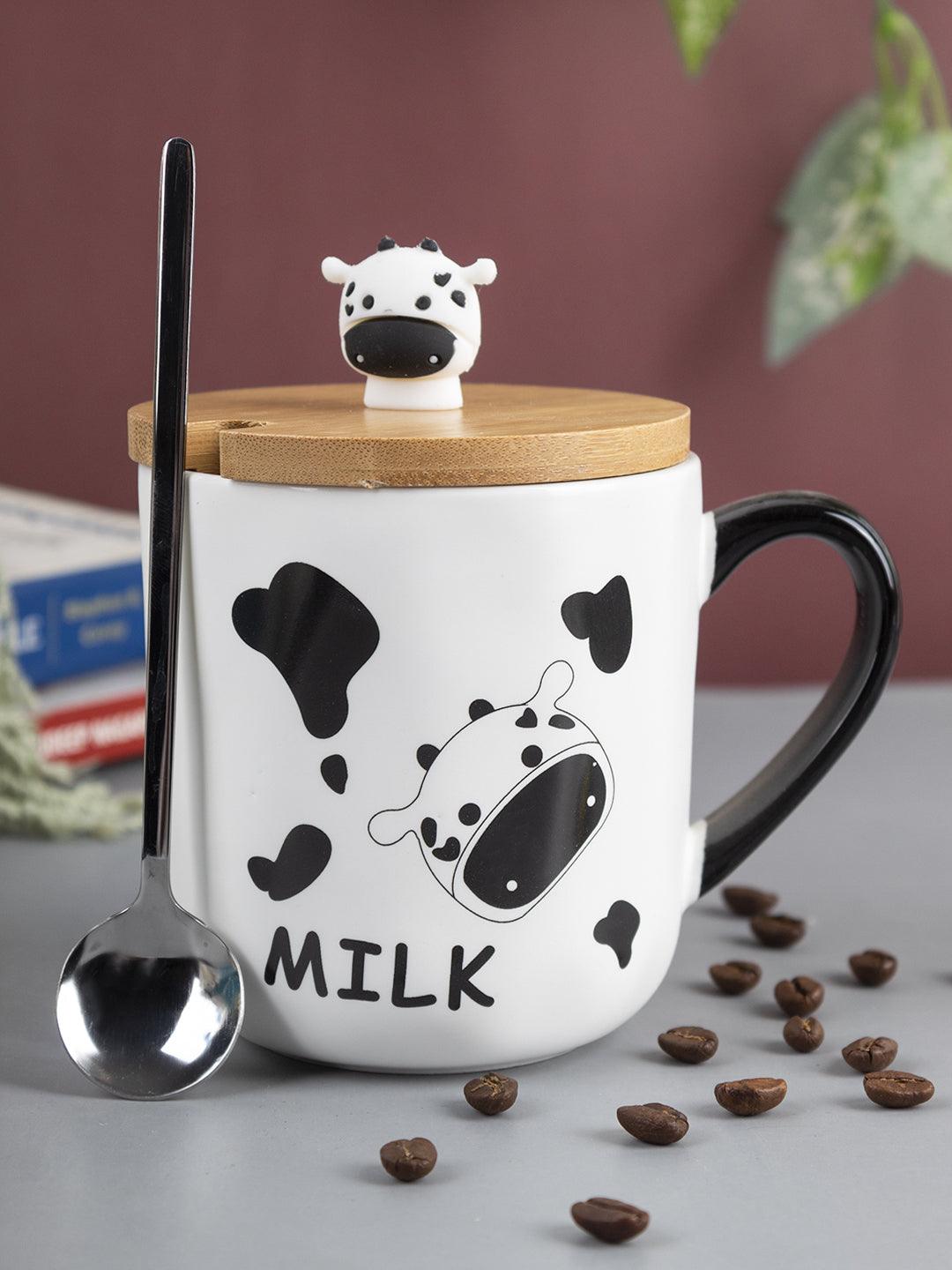 "MILK" Coffee Mug With Lid -  450mL, Mixing Spoon