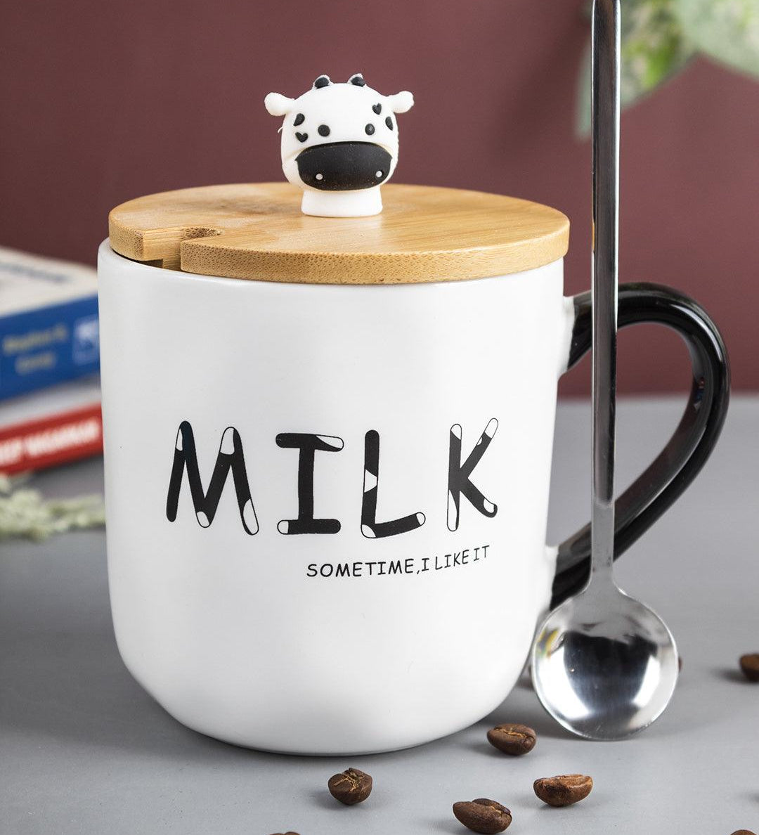 "MILK SOMETIME I LIKE IT" Coffee Mug With Lid -  450mL, Long Stirring Spoon