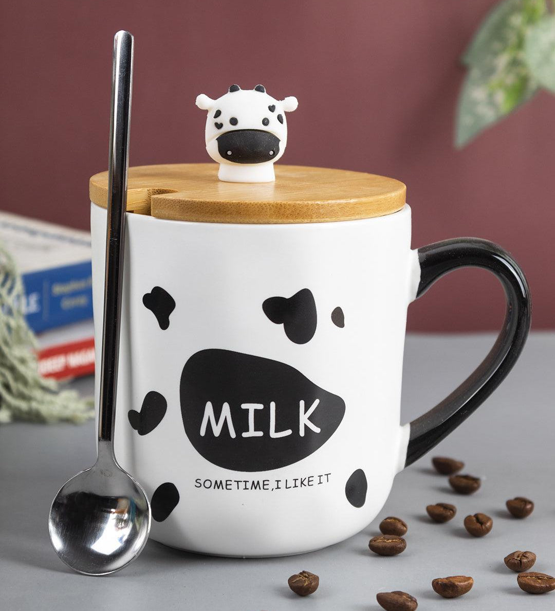 "MILK SOMETIME I LIKE IT" Coffee Mug With Lid -  450mL, Mixing Spoon