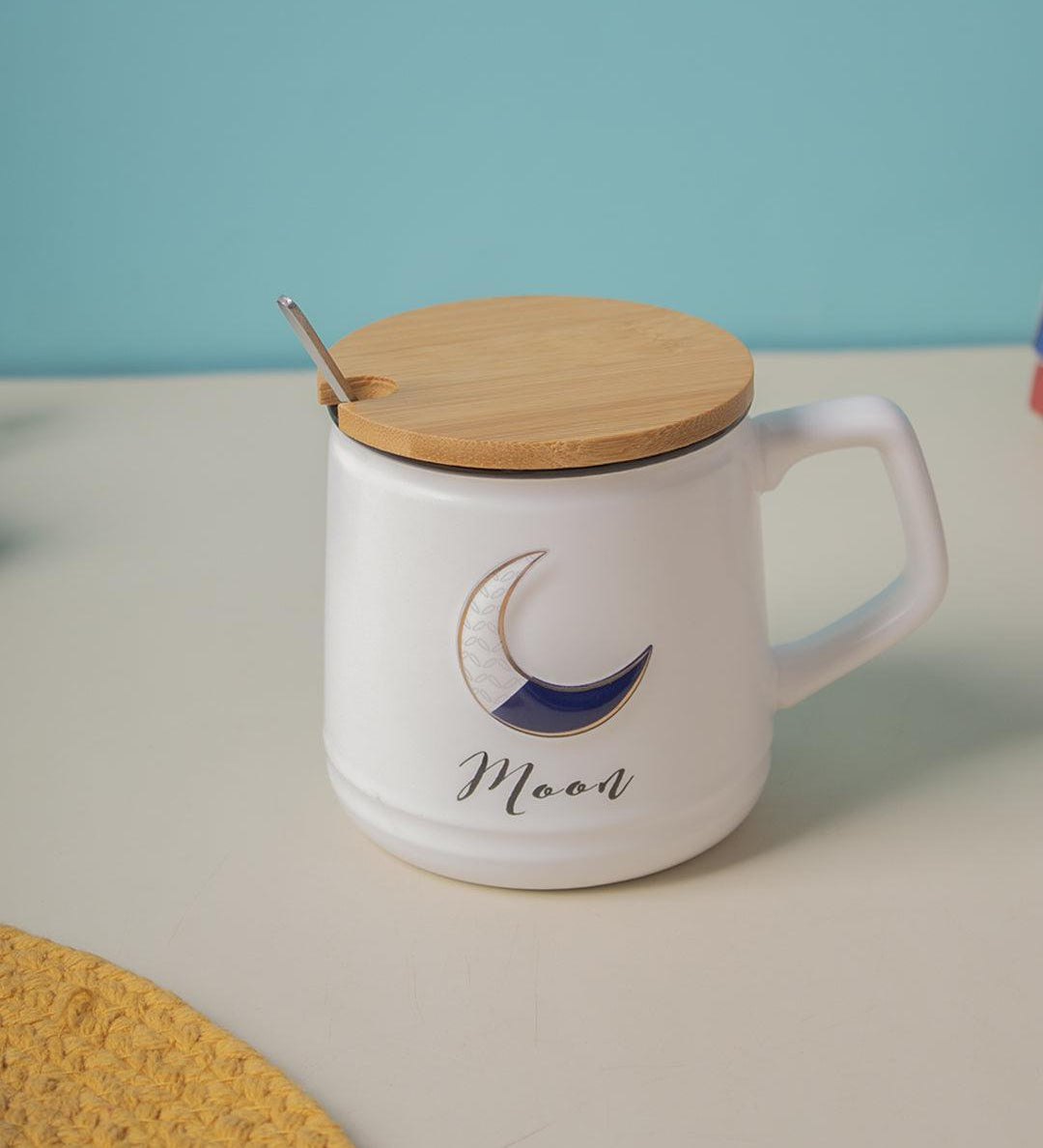 Moon Ceramic Coffee Mug With Lid - 350 ml, Mixing Spoon