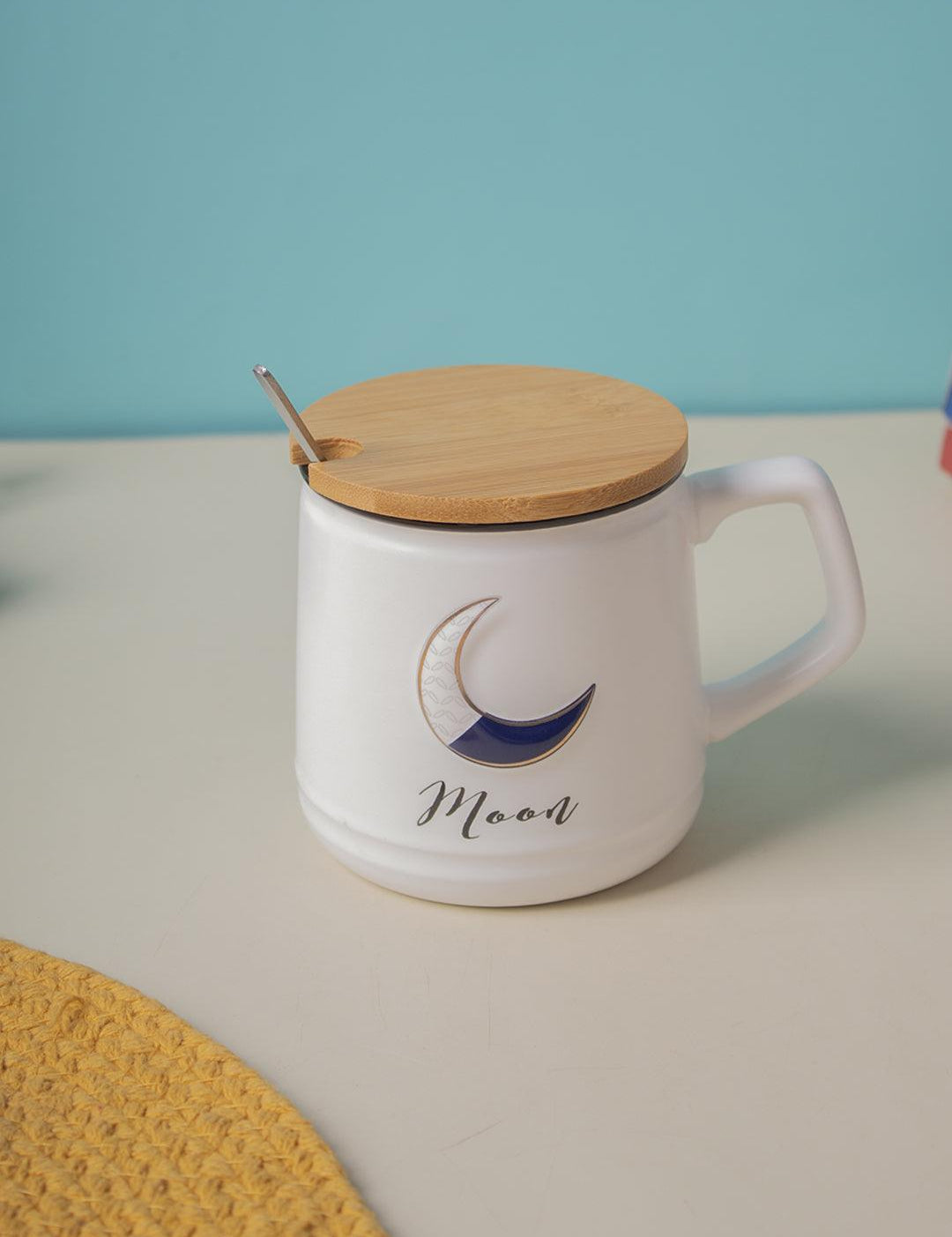 Moon Ceramic Coffee Mug With Lid - 350 ml, Mixing Spoon