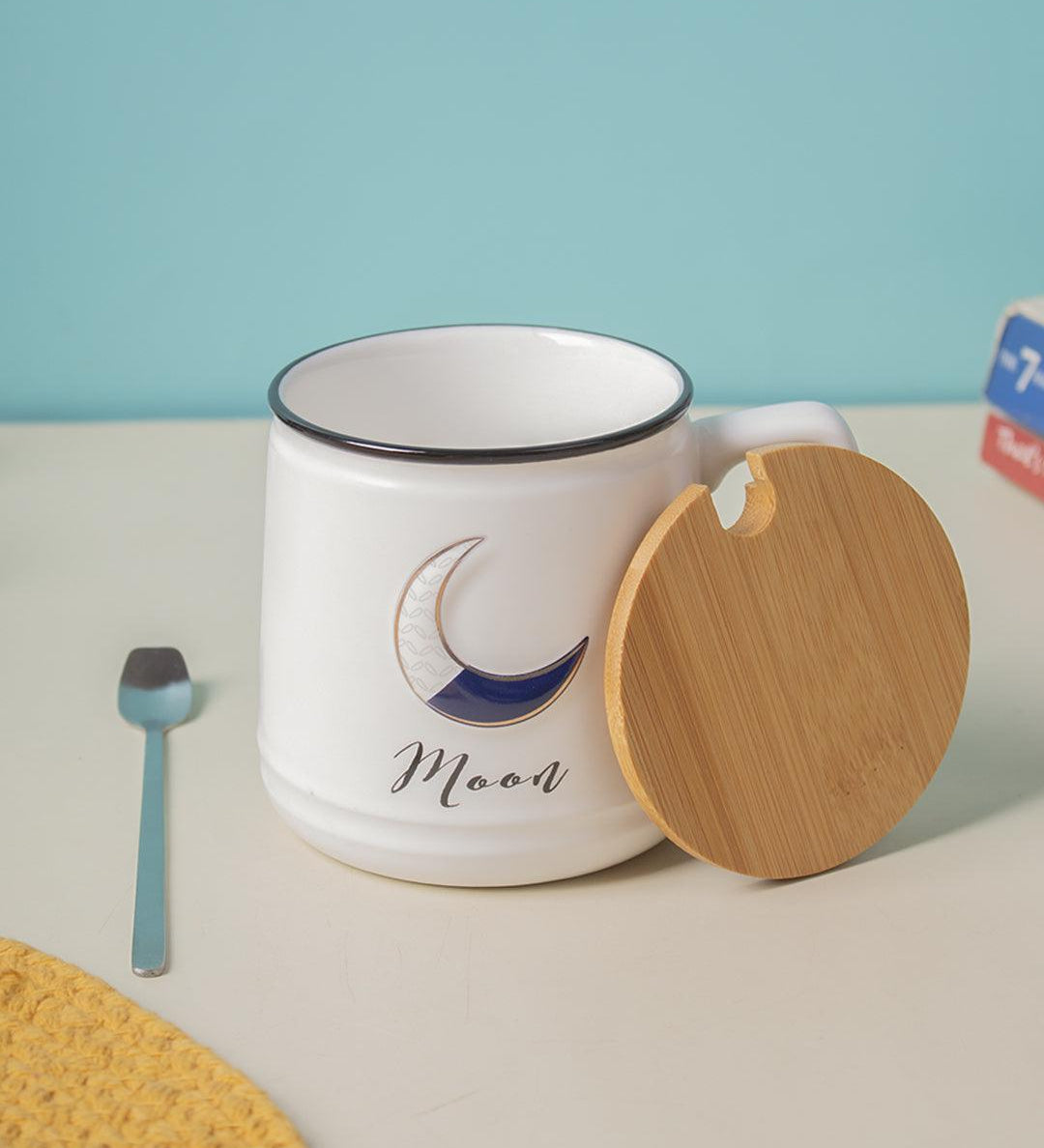 Moon Ceramic Coffee Mug With Lid - 350 ml, Mixing Spoon