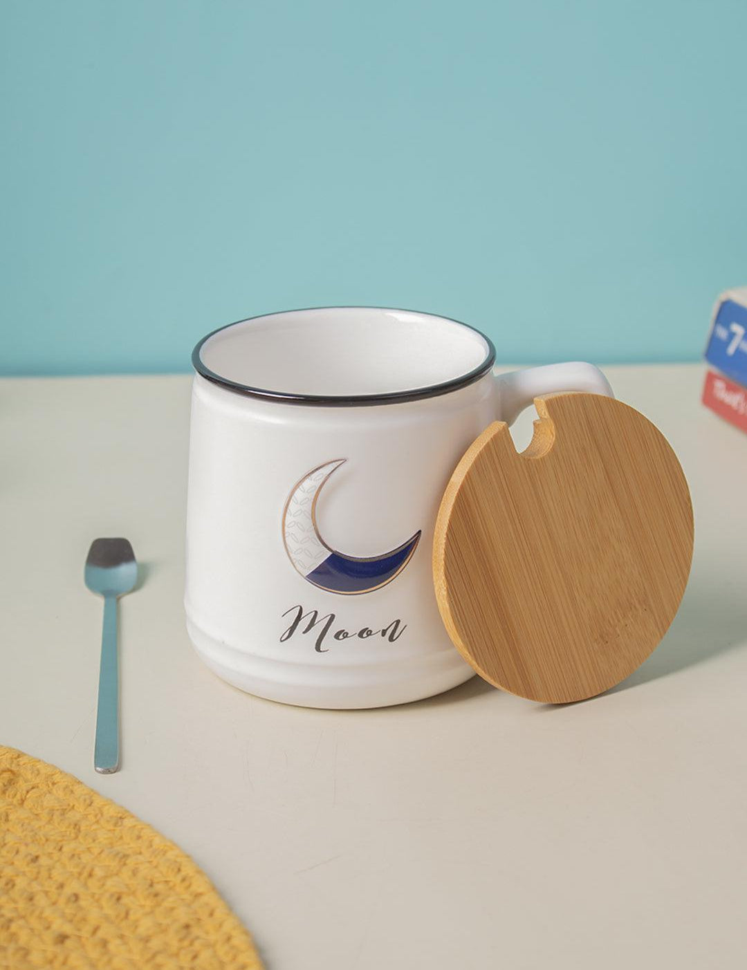 Moon Ceramic Coffee Mug With Lid - 350 ml, Mixing Spoon