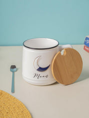 Moon Ceramic Coffee Mug With Lid - 350 ml, Mixing Spoon