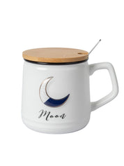 Moon Ceramic Coffee Mug With Lid - 350 ml, Mixing Spoon