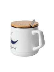 Moon Ceramic Coffee Mug With Lid - 350 ml, Mixing Spoon