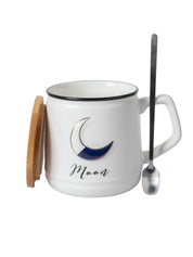 Moon Ceramic Coffee Mug With Lid - 350 ml, Mixing Spoon